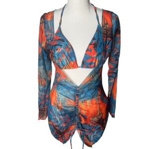 Y2K Tropical Bikini Set w Mesh Cover Up Blue Orange Palm Print Sz L